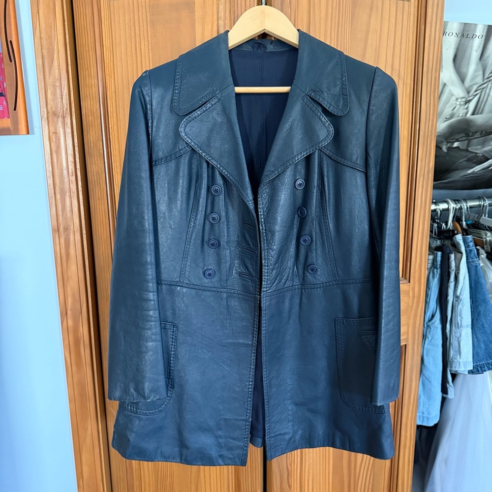 Vintage Dark Navy Blue Leather Jacket Women’s Retro Trench Coat Long Sleeve